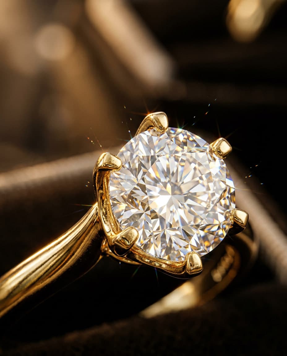 Close view of a round diamond held by six polished gold claws
