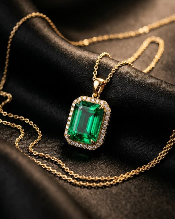 An emerald-cut green stone framed in small diamonds on a gold chain over black silk